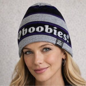 Keep A Breast “I ❤️ Boobies” Beanie / Toque | Jacquard Knit | Grey Black Purple